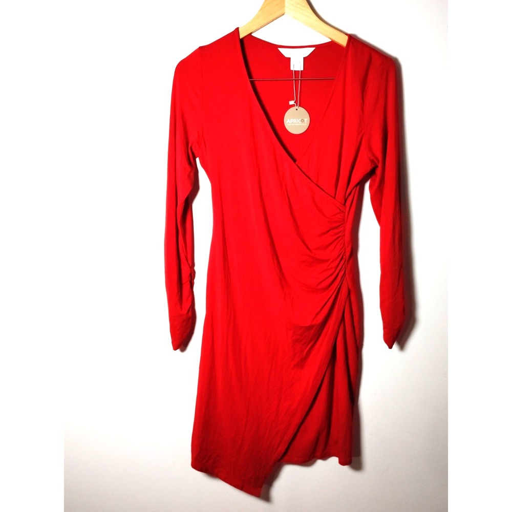 NWT Apricot Red Side & Sleeve Ruched Faux Wrap Long Sleeve Viscose Sexy Dress‎ M
